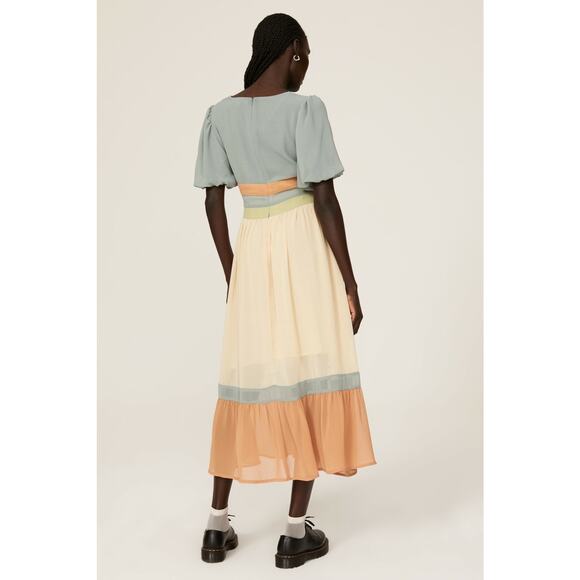 PAMELA LOVE x RTR Multicolored Color Block Crewneck Chiffon Midi Dress Size L - Picture 3 of 15